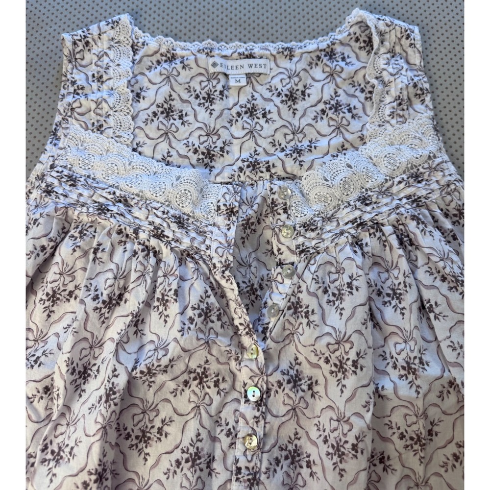 Eileen West Cotton Floral Lace Trim Romantic Cottagecore Coastal Nightgown M
